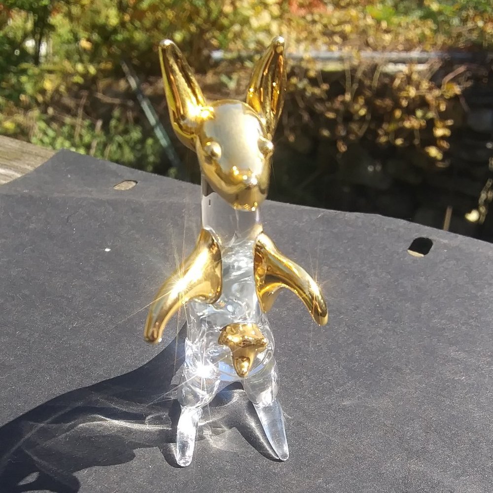 Glass kangaroo with a baby joey in the pouch clear glass with gold accents